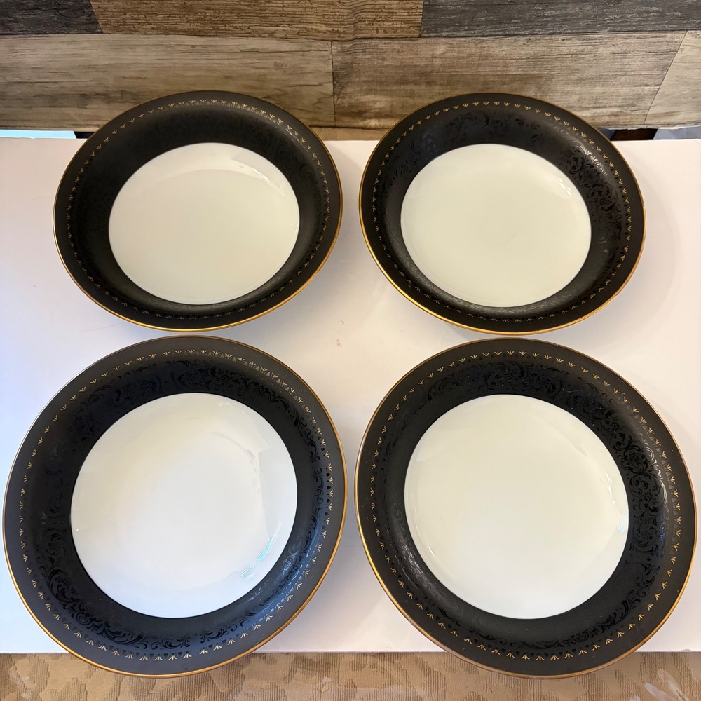 Noritake Benedicta 6976 Rimmed Soup Bowls Black Gold Trim Set of 4 Japan
